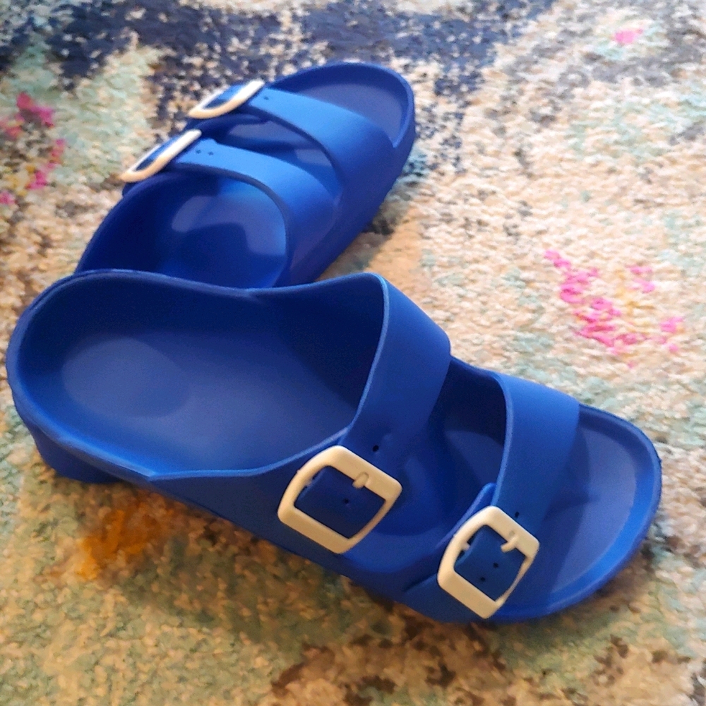 Blue slip on sandals